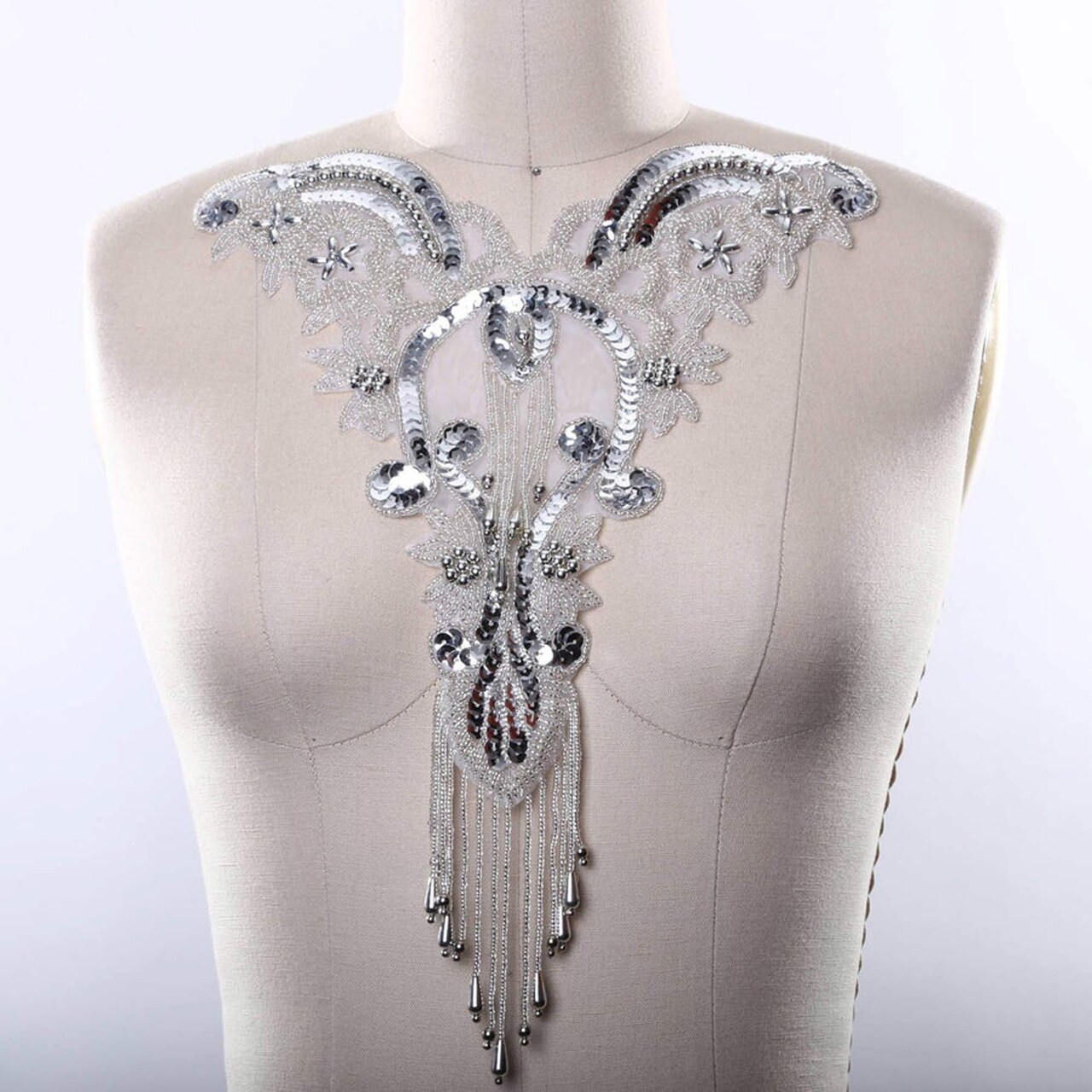 Silver Beaded Neckline Applique with Sequins and Iron On Beaded Fringe for Dancewear